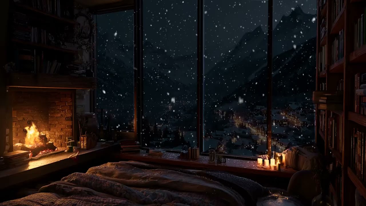 Warm Fireplace & Soft Piano Relaxing Holiday Ambience with Snowfall