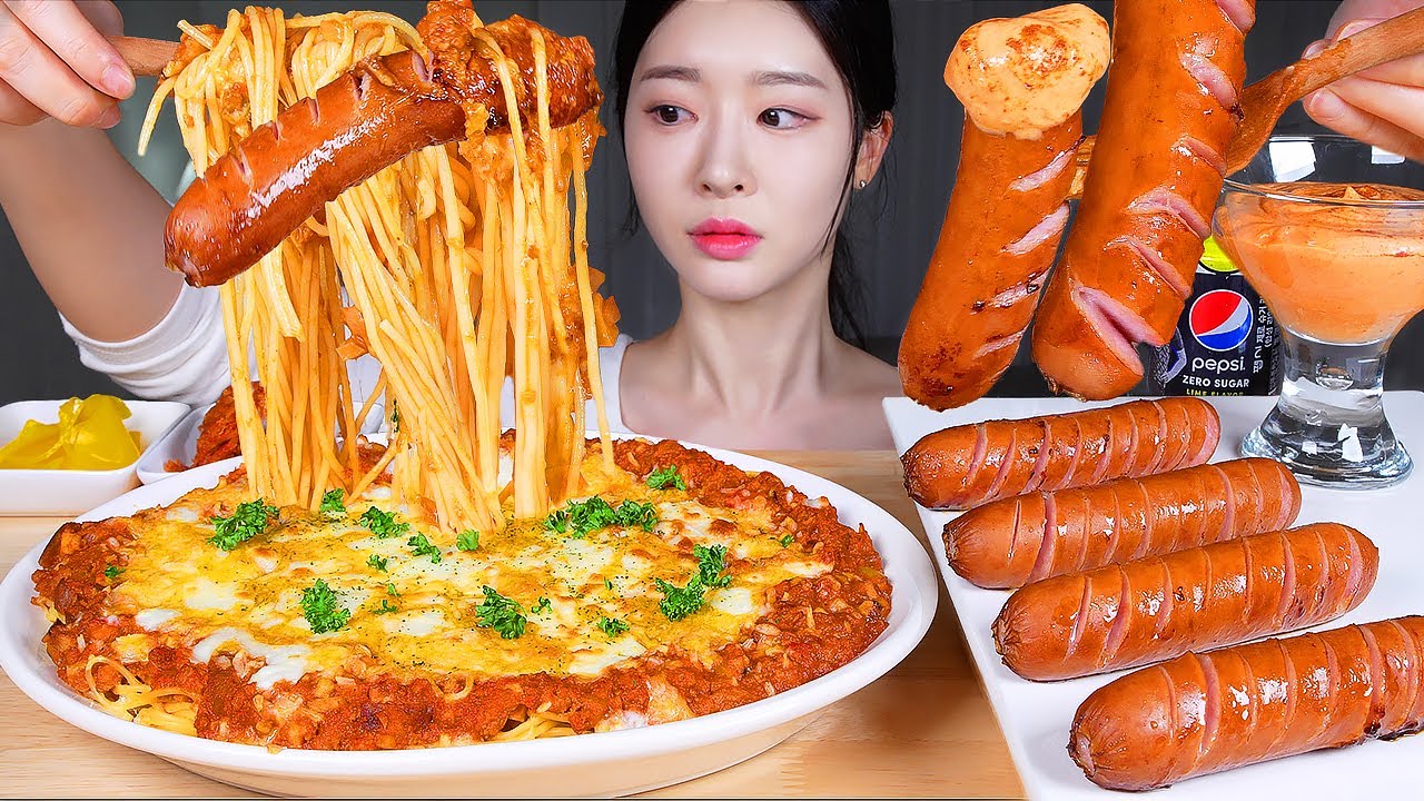 ASMR MUKBANG | Сырная домашняя запеченная паста 🍝 Сочная жареная колбаса с соусом Каджун и кимчи