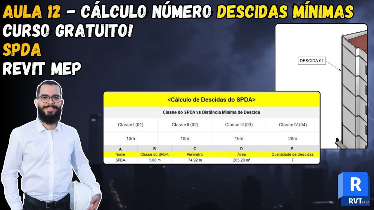 Aula 12 - C&aacute;lculo de Descidas M&iacute;nimas (NBR 5419) com Tabela de C&aacute;lculo - Curso SPDA no REVIT
