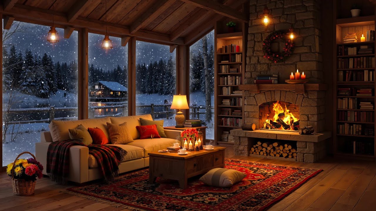 Warm Winter Night in Cozy Cabin Ambience 🔥 Smooth Jazz, Snowfall & Fireplace Sounds to Unwind