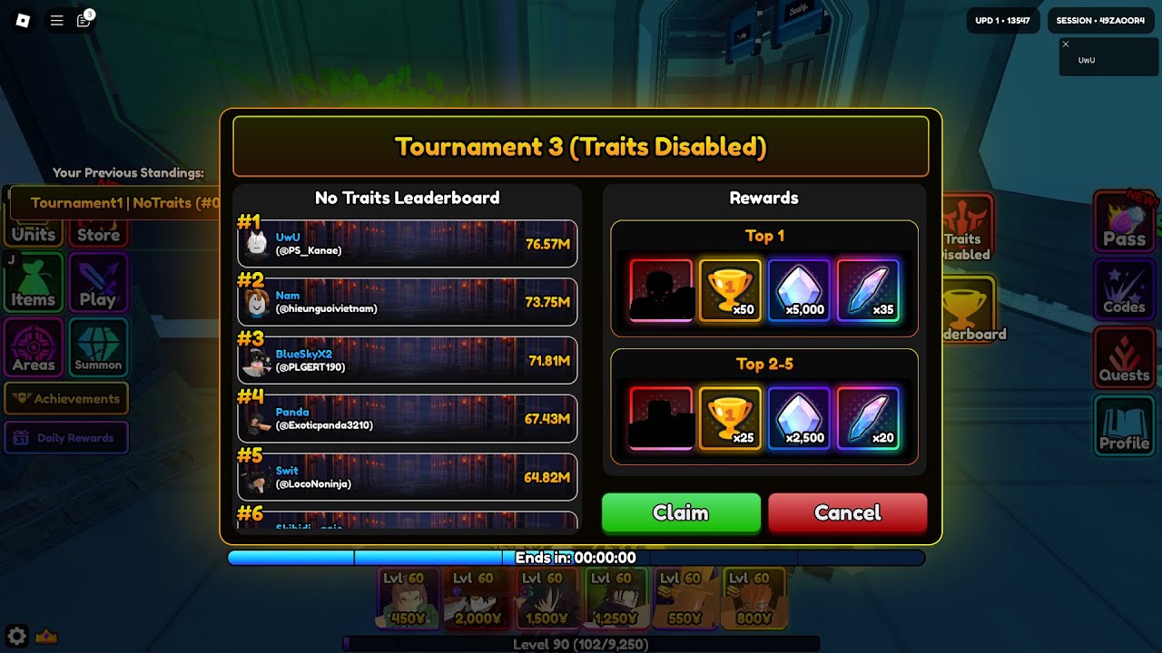 Roblox Anime vanguard Tournament 3 (traitless) 76m+