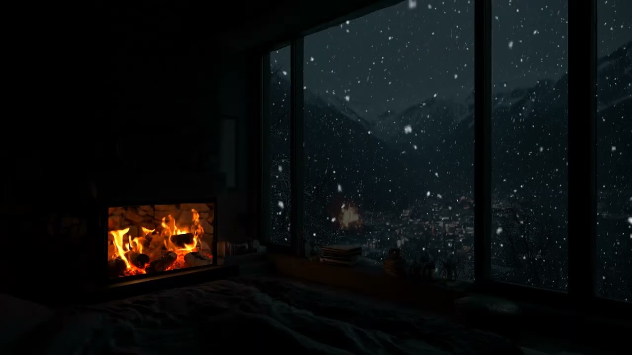 Cozy Winter Cabin Night ❄️ Fireplace Crackling & Heavy Snowfall Sounds for Deep Sleep