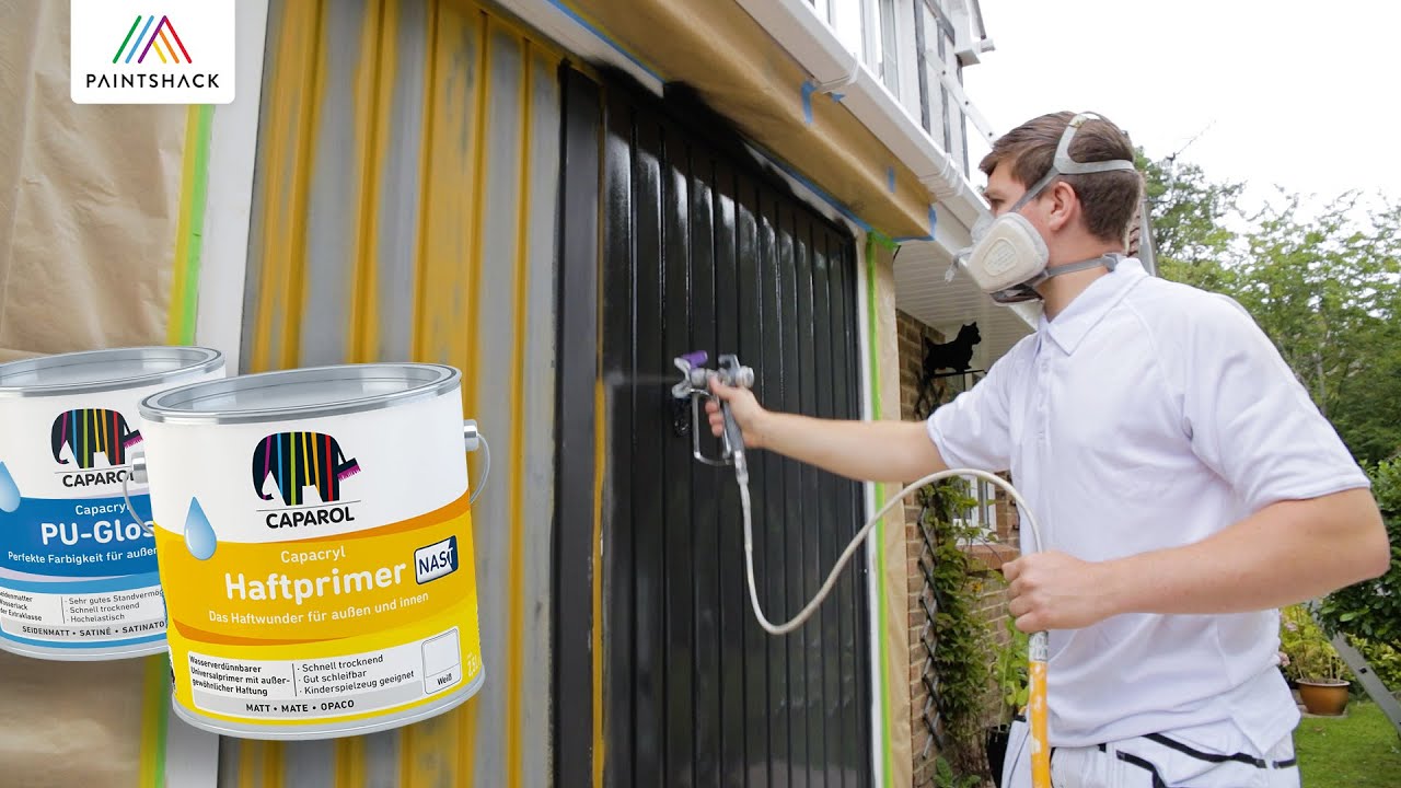 Garage Door Spray Painting with Caparol Haftprimer and Aqua PU-Gloss