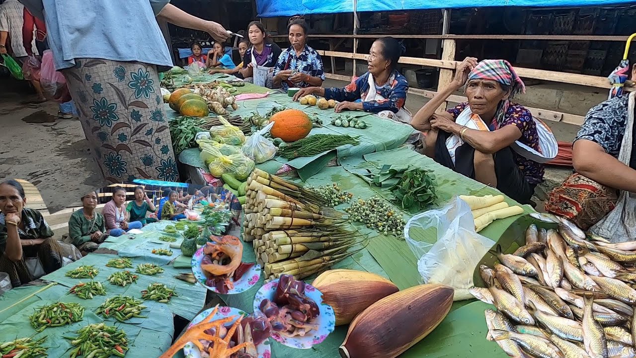 ตลาดบ้านน้ำท่วม แขวงหลวงพระบาง สปป.ลาว ของป่าลาว ข้าวฮาง อาหารธรรมชาติหลายคัก