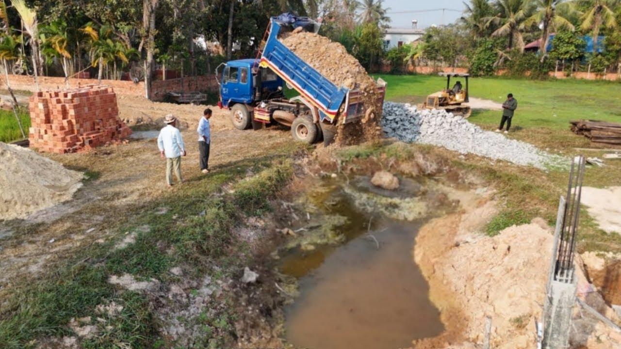 PERFECTLY Starting New PROJECT Delete Small POND by Bulldozer D20P Pushing Soils With 5-T Dump Truck