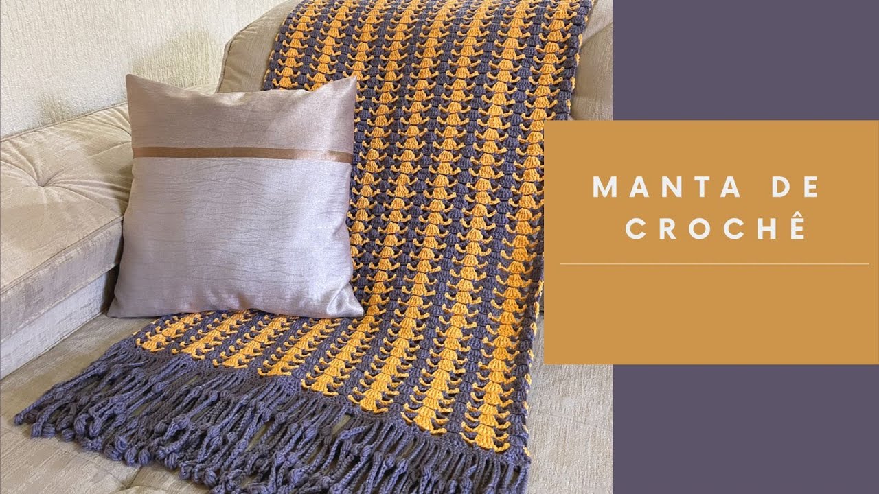 Manta de Sofá | Peseira | Em Crochê | Cinza e Laranja | Ponto e Acabamento | Nível Fácil