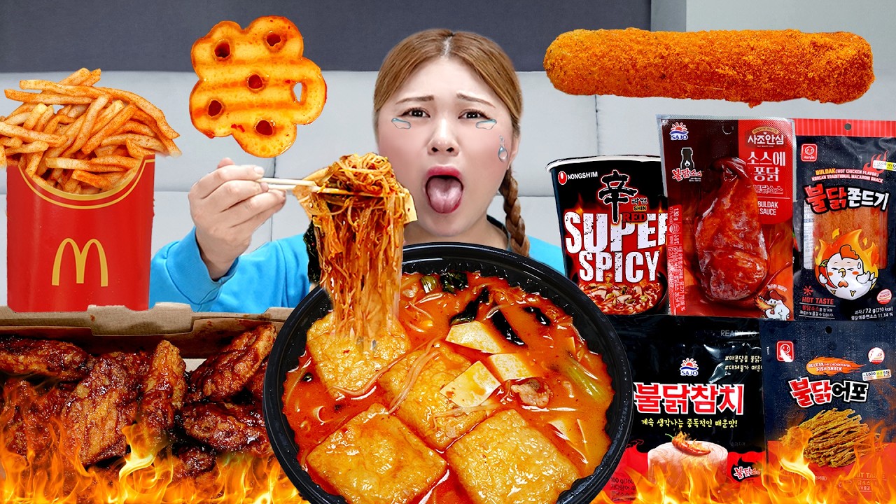Mukbang Fire Mara Spicy Chicken Noodles burger 마라치킨 마라탕 마라 음식 모음 먹방 | HIU 하이유