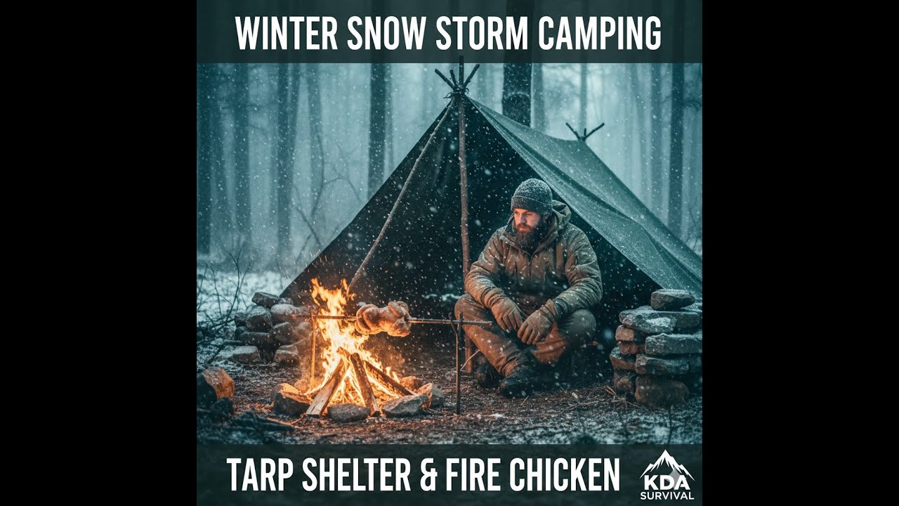 Backcountry Winter Camping in a Snow Storm ❄️ Tarp Shelter & Campfire Chicken | KDA Survival