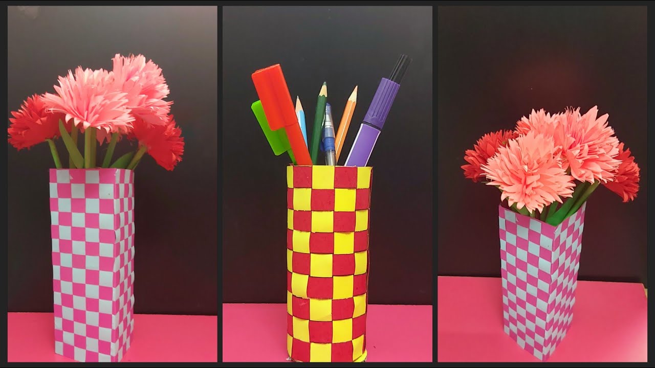 Paper weaving to make pen stand and flower vase|Easy flower vase|Easy pen stand| Shimmer Crafting!!