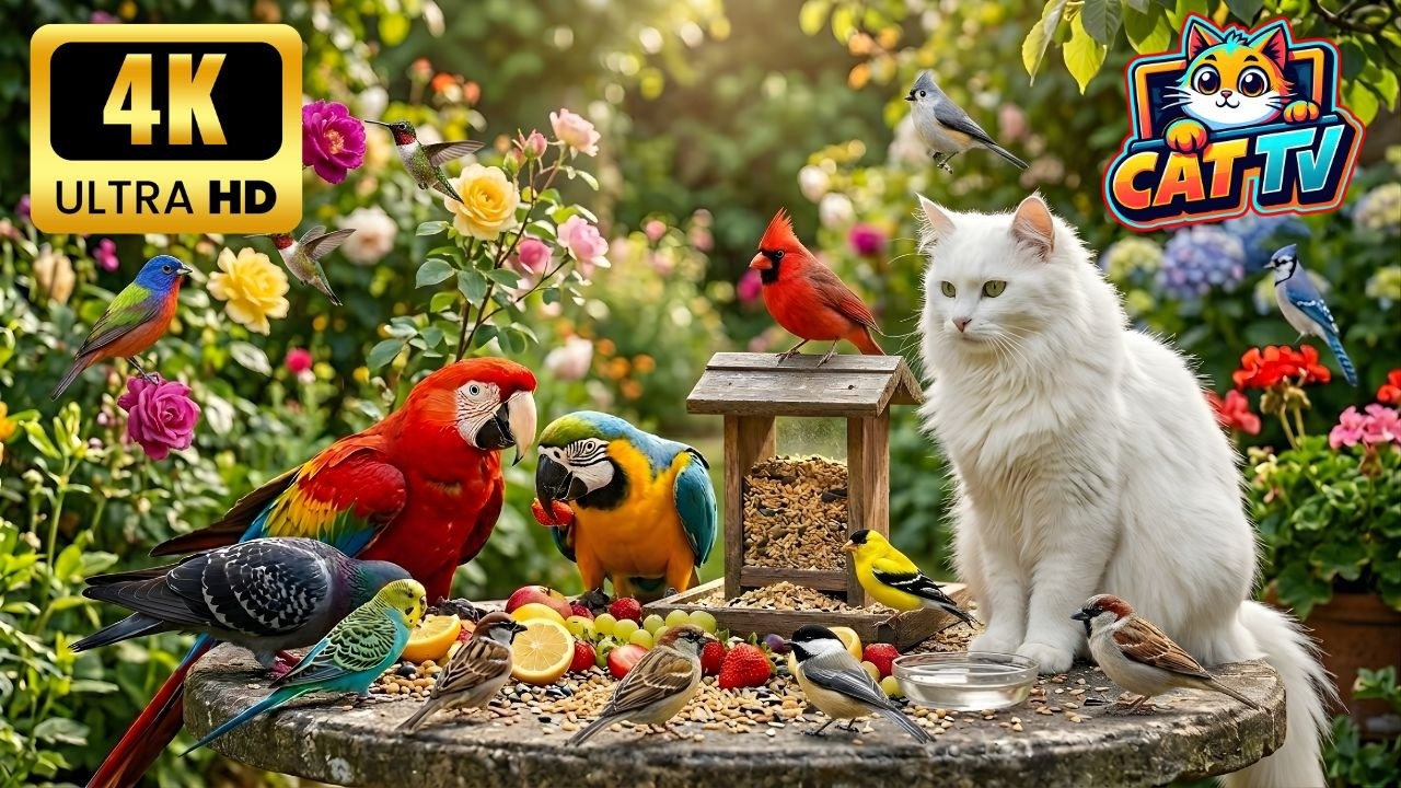 Cat TV 😺🐦 Dinner Time for Busy Birds and Playful Squirrels 🐿 Cat Games 4K HDR