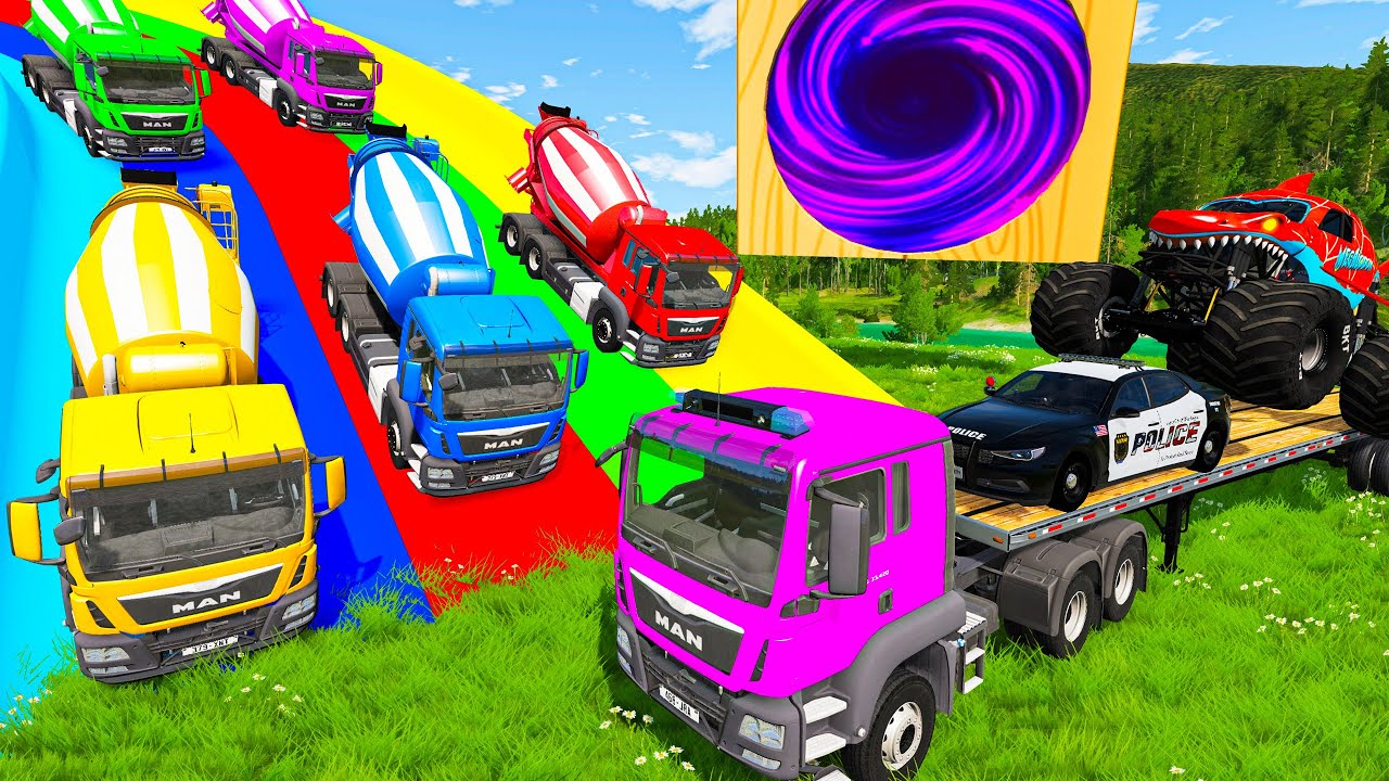 Long Cars vs Funny Cars with Slide Color 🚙 Long Flatbed Trailer Transportation 🚙🚓 Cars vs Deep Water