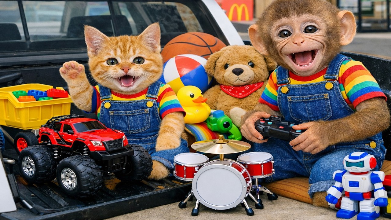 Bebé Dudu juega con juguetes en la camioneta con gatito y osito | MONO DUDU ESP