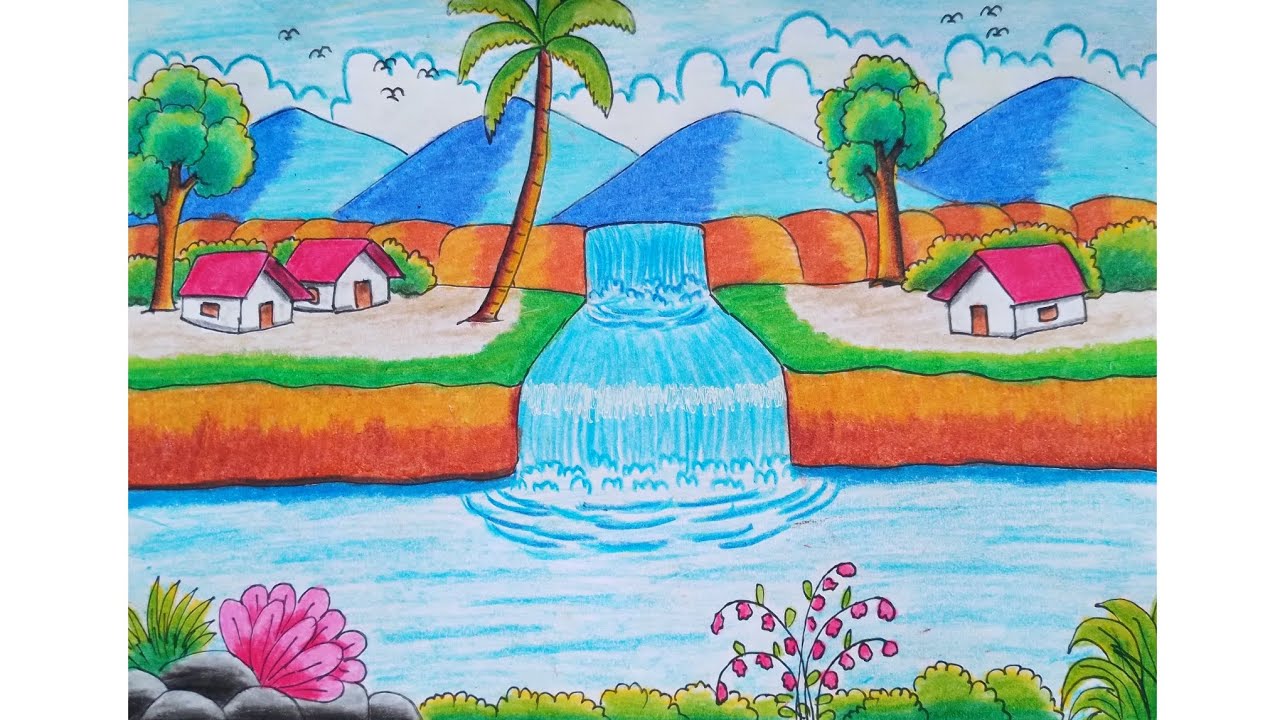 How to draw a simple scenery and draw waterfall step-by-step | Beautiful landscape drawing