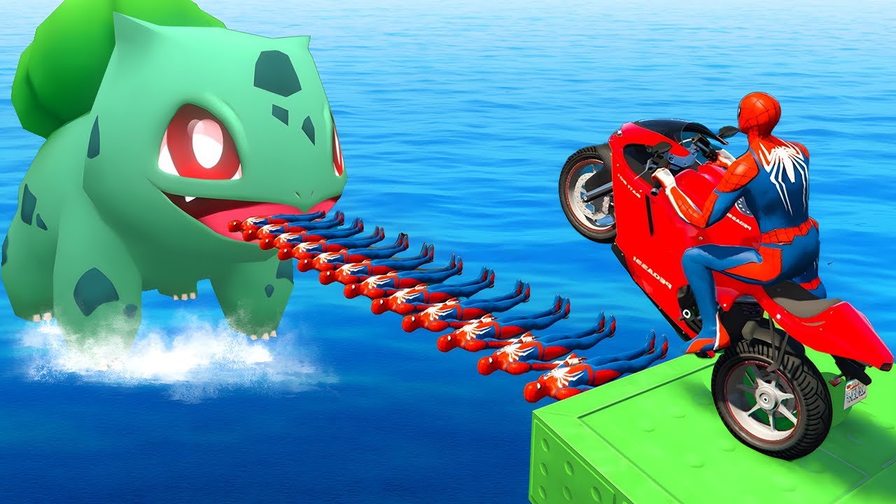 Spider-man rescues Pokemon on Motorcycle in Rainbow MCqueen Bridge | GTA ProGamer