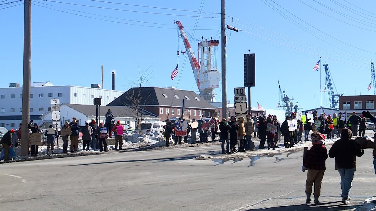 Protesters clash outside Bath Iron Works over Pete Hegseth's visit