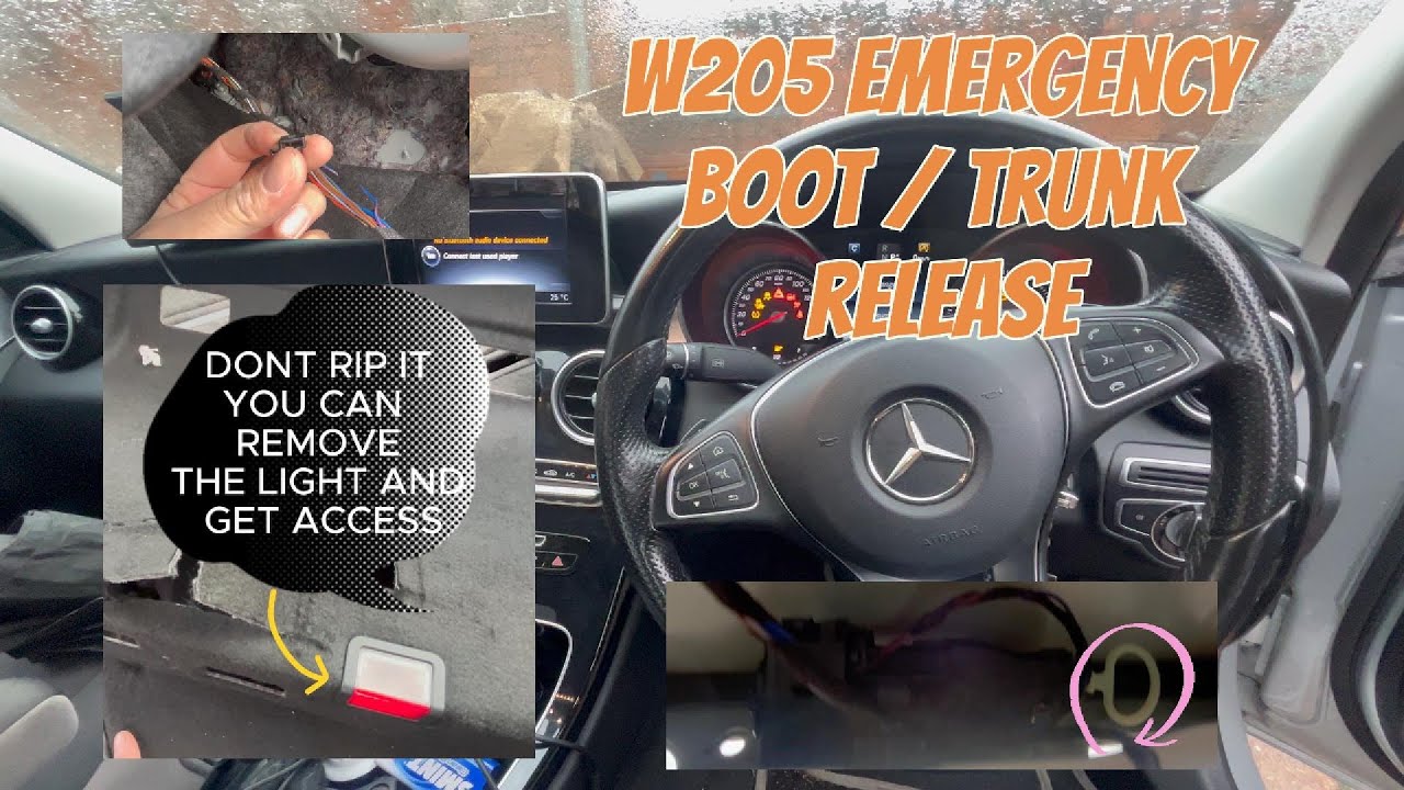 Расположение кнопки аварийного открывания багажника Mercedes W205 C-класса &mdash; инструкция.