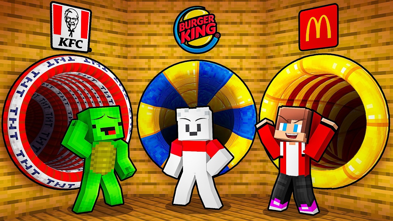 JJ vs Mikey vs Carrie: FASTFOOD TUNNEL BATTLE in Minecraft - Maizen