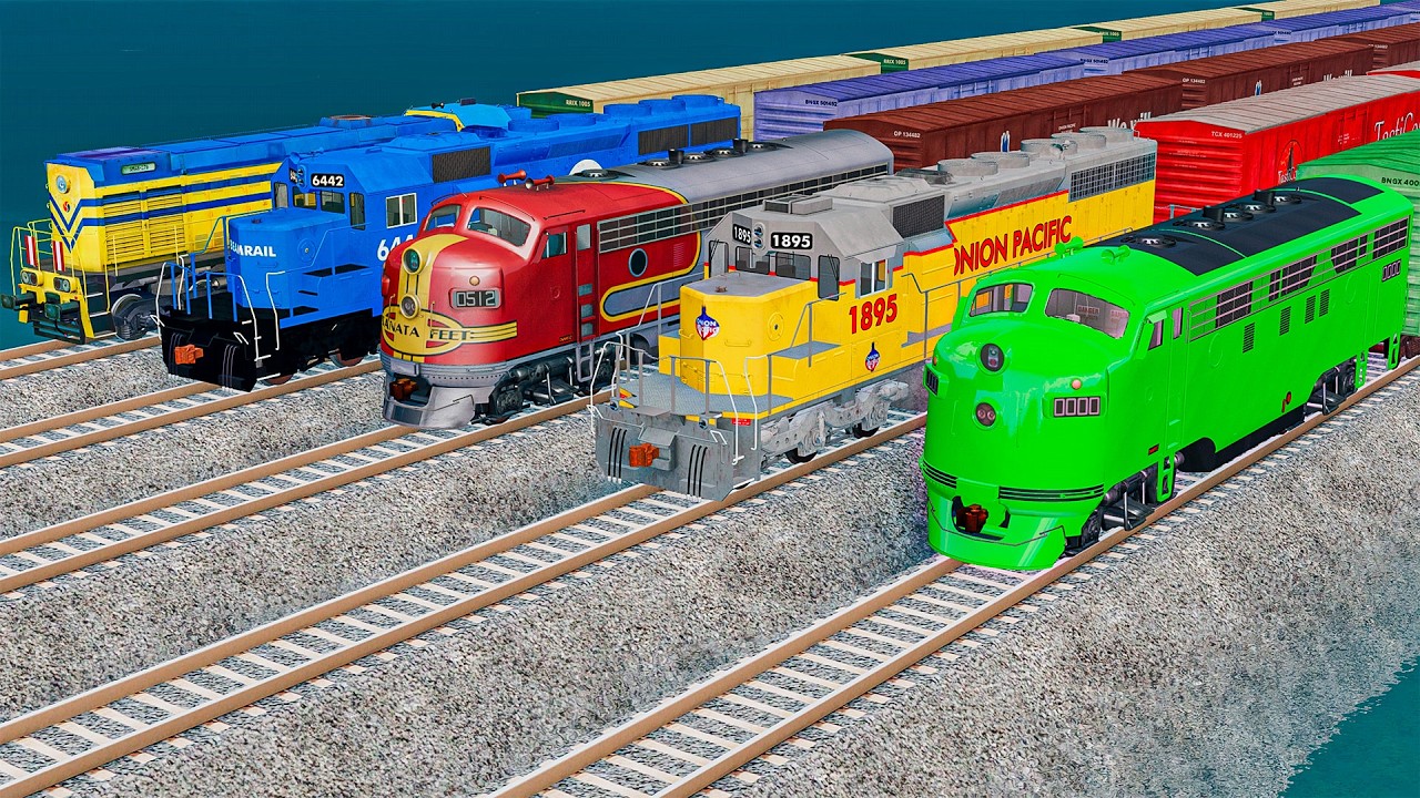 LONG COLORFUL TRAINS vs MULTIPLE RAIL TRACKS in BeamNG.Drive