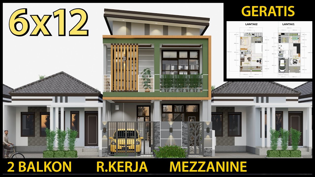 Desain Rumah Minimalis 6x12 M -  3 Kamar Tidur - 3 Kamar Mandi - 2 Balkon - Mezzanine