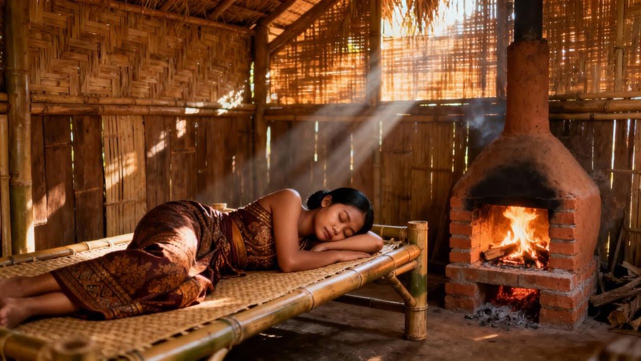 Cozy Piano Music in a Bamboo Hut with Warm Fireplace