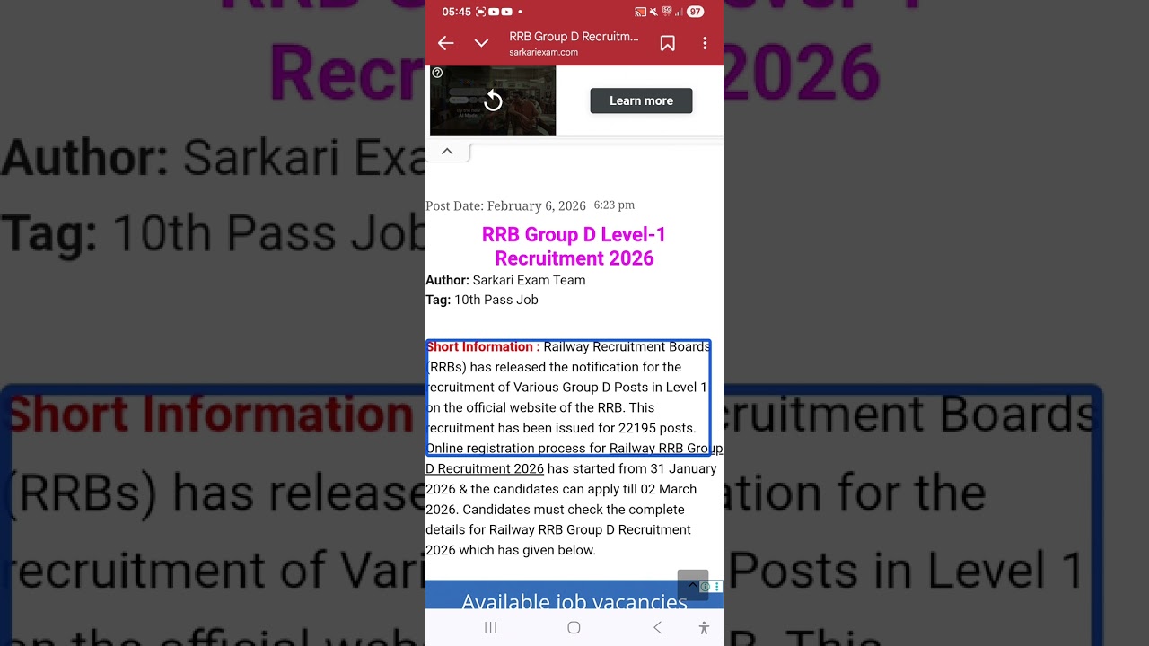 RRB Group D 2026: 22,195 पदों के लिए आवेदन शुरू, TalkBack के साथ पूरी जानकारी 🔊
