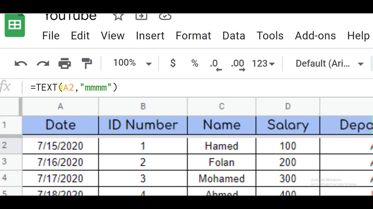 شرح دالة TEXT في جووجل شيت google sheet - لكتابة اسم اليوم او اسم الشهر