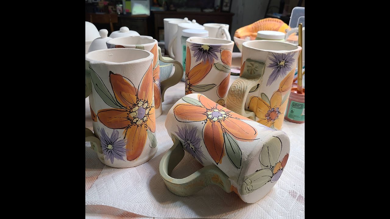 Painting Whimsical Flowers with Underglazes, on Bisqueware, using Amaco Velvet Underglazes