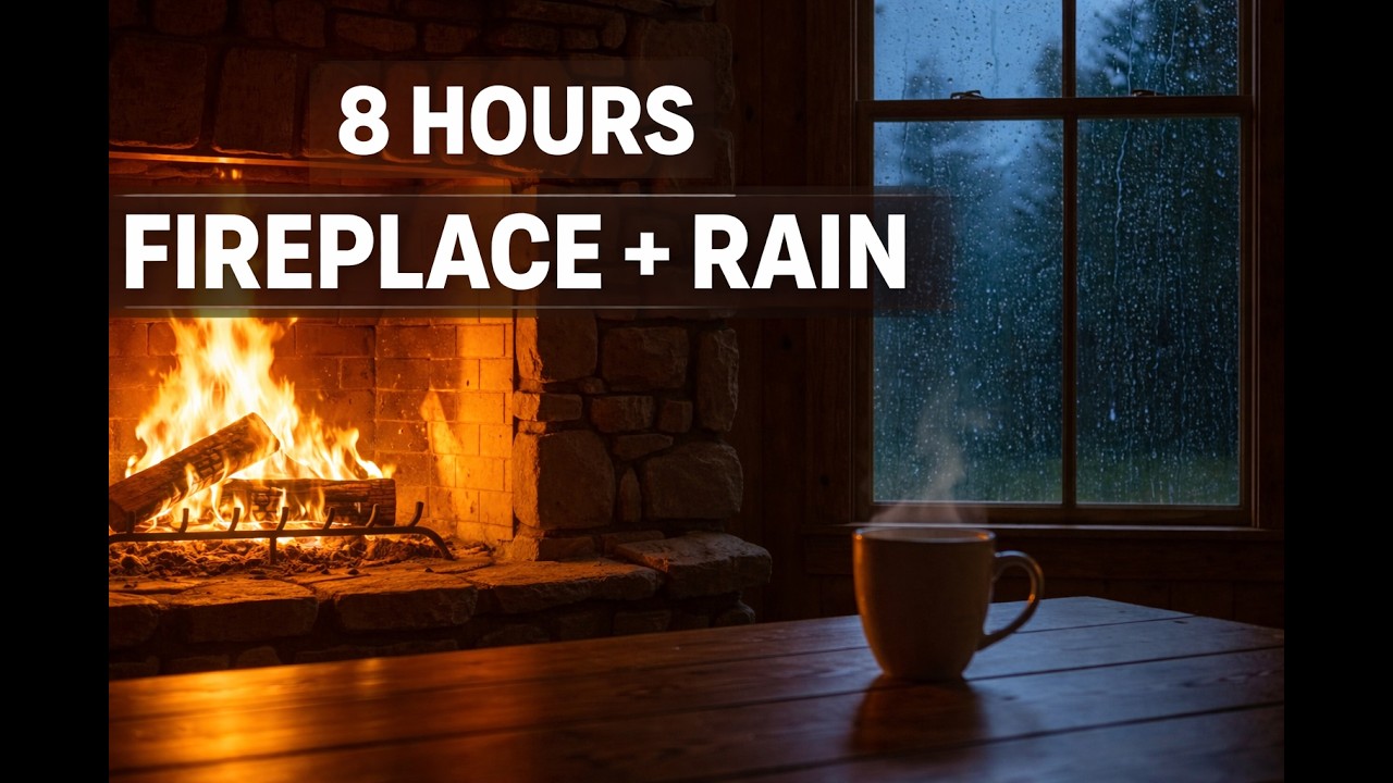 Cozy Fireplace & Rain Sounds for Sleeping 🔥 8 Hours Fireplace Ambience | Crackling Fire + Rain