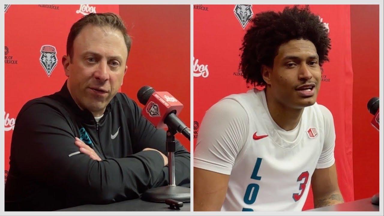 UNM coach Richard Pitino and guard Tru Washington after the Lobos beat Utah State in the Pit. (2/16)