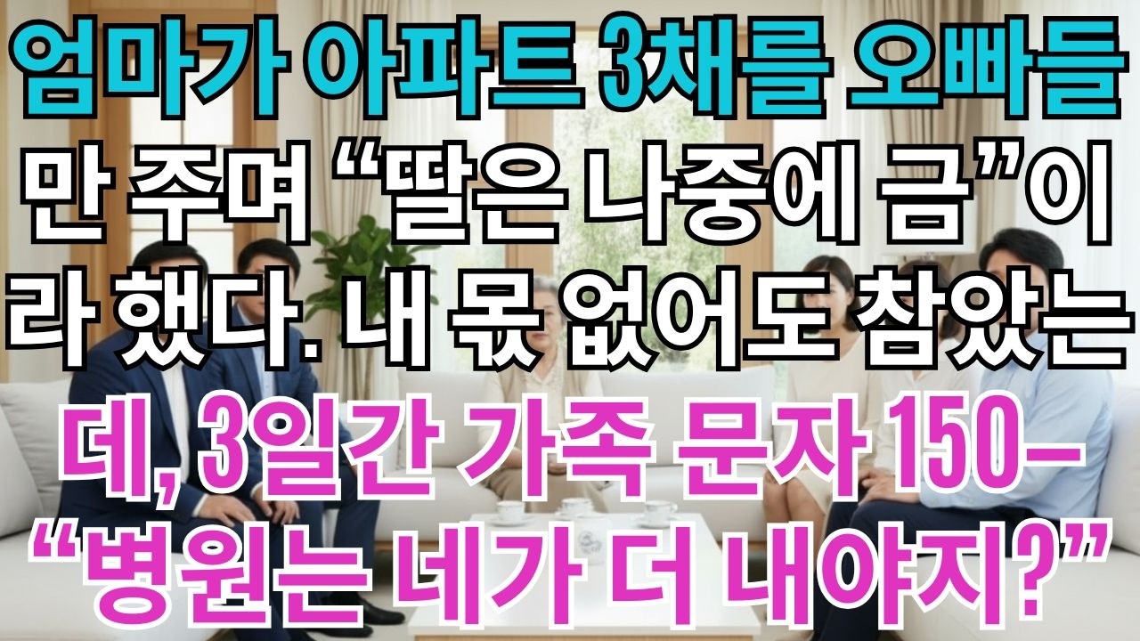 엄마가 아파트 3채를 오빠들에게만 줬다.'딸은 나중에 금을 줄게.'내 몫은 없었지만 참았다.3일간 쏟아진 가족 문자 150통'엄마 병원비는 네가 더 내야지?'