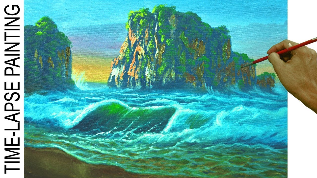Rocky Mountain on Beach with Crashing Waves |  Acrylic Painting in Time Lapse