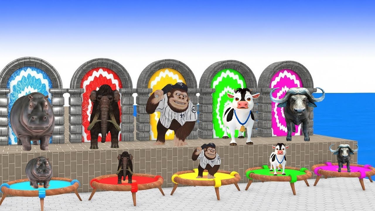 5 Giant Duck Cartoon,Cow,Elephant,Tiger,Lion,Dinosaur,Paint Wild Animals Crossing Fountain Animation