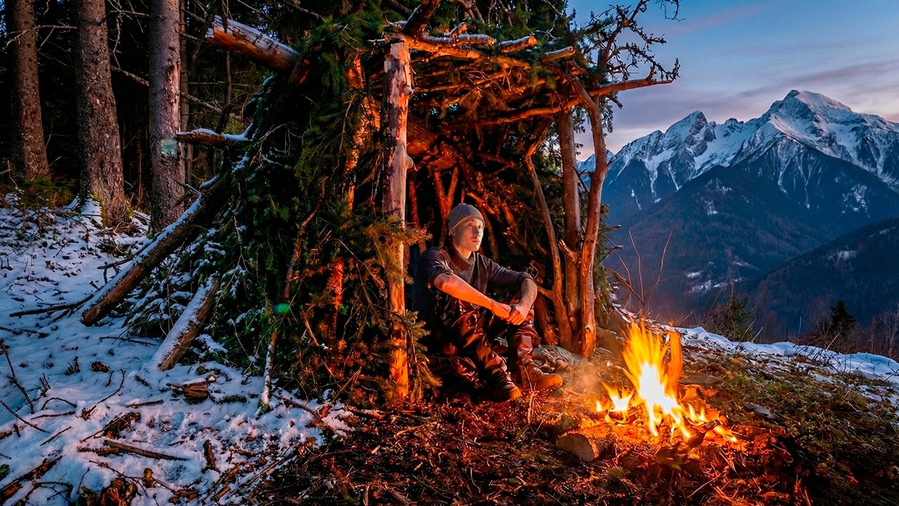 Solo Bushcraft & Camping | Building a Mountain Survival Shelter