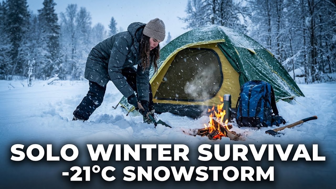 Extreme Winter Camping in Deep Snow Building a Wooden Shelter and Cooking Hot Chicken Soup