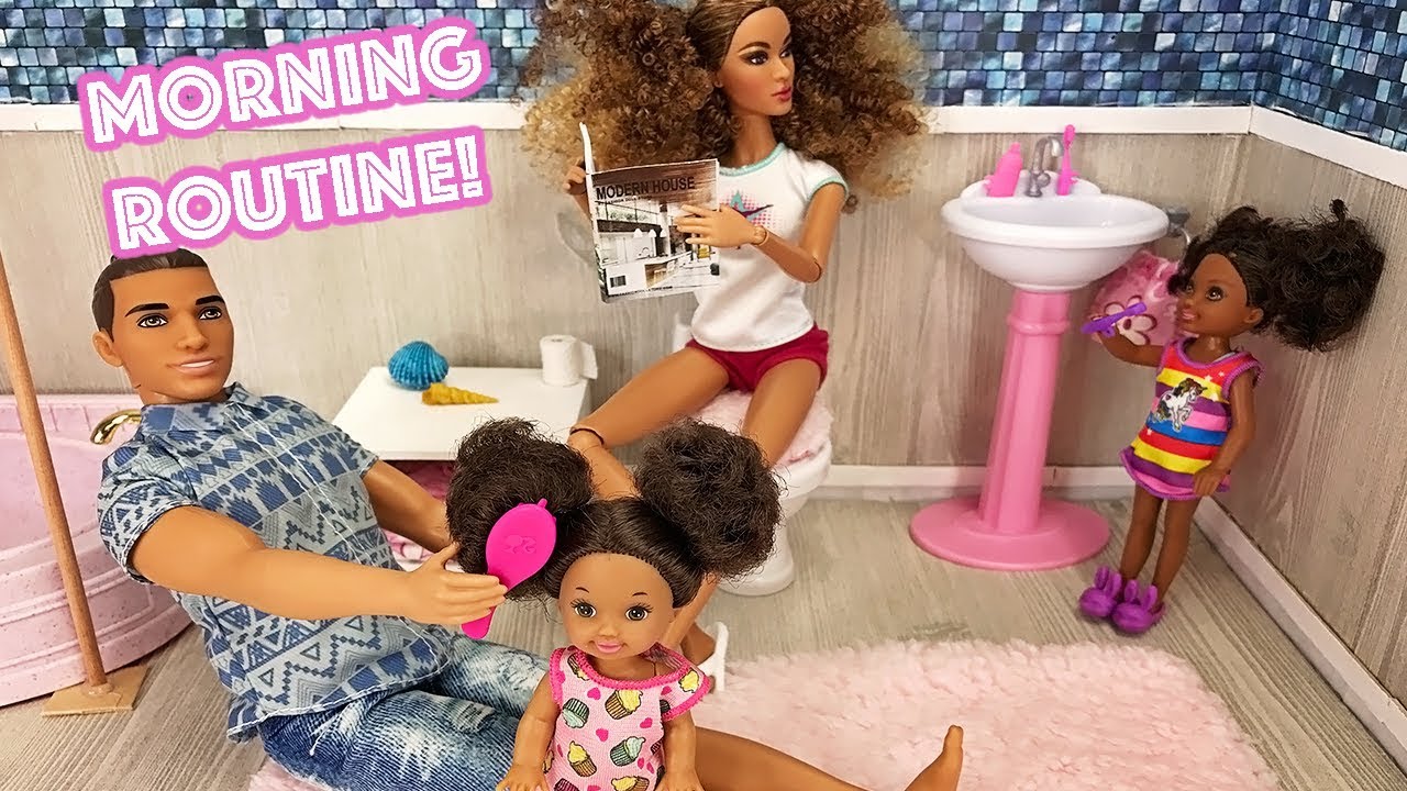 Barbie Sisters Morning Routine! Kitchen Bedroom and Pink Washroom  | Naiah and Elli Doll Show #2