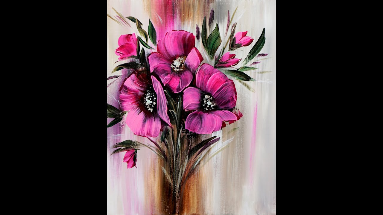 Easy Painting /  Pink Flowers /1Brush/ Real Time Demo/ Blumenmalerei / 1 Pinsel/ Echtzeit Demo/ V361