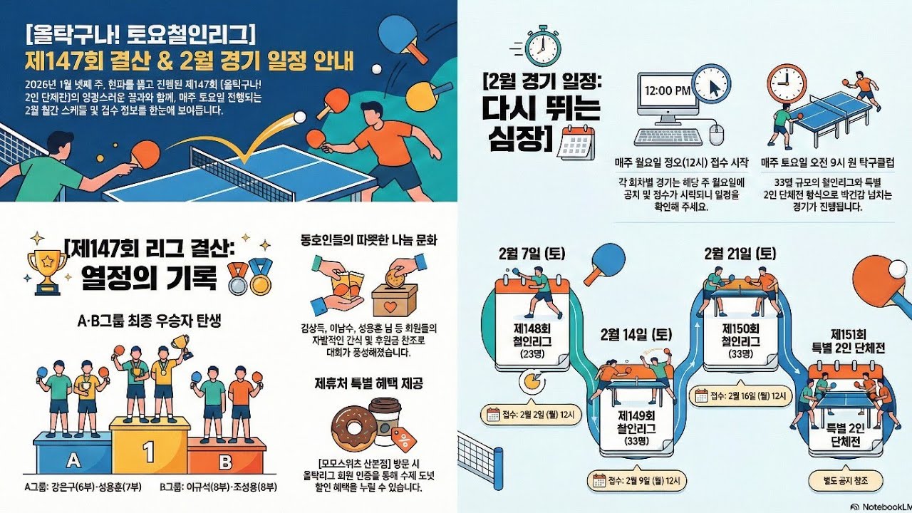 2026년 1월 24일 제147회 올탁구나 리그 결과 발표 & 2월 '특별 2인 단체전' 일정 총정리!
