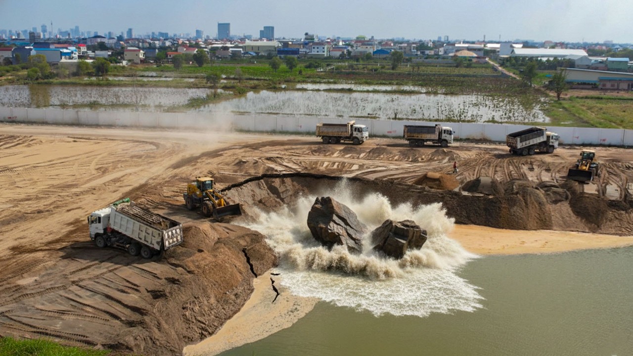 Project machine Delete Pond Pushing Soil Sand Filling Up Wheel Loader, SHACMAN Truck 25.5Ton