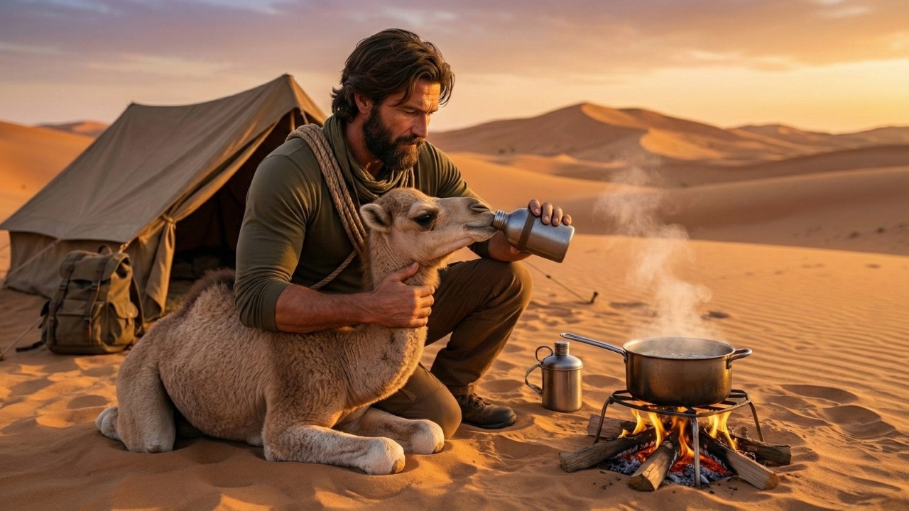 SOLO Survival camping in the Arabian desert | Rescuing baby camel | Survival skills, ASMR cooking