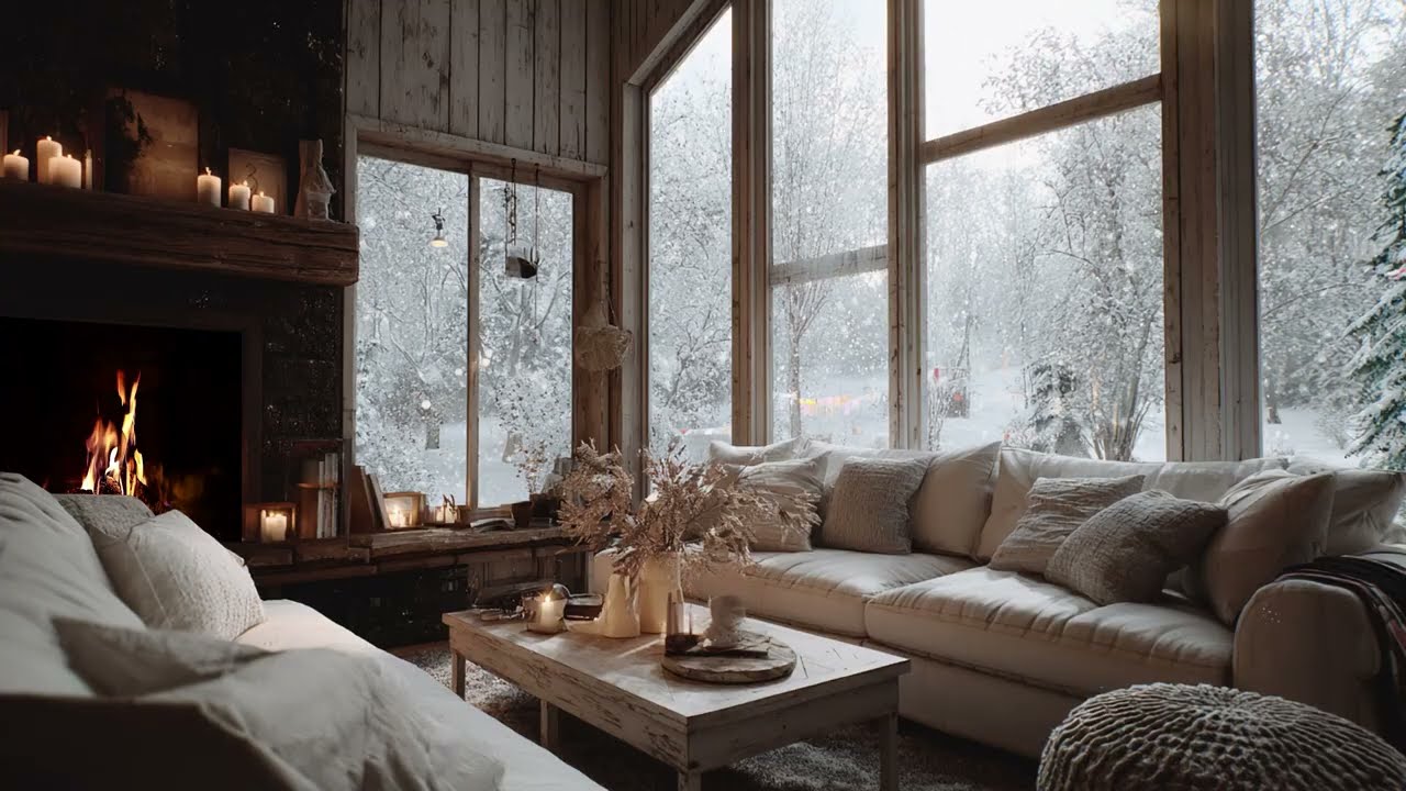 Relaxing Winter Journey: Piano Music in a Snowy Cabin with Crackling Fireplace Sounds