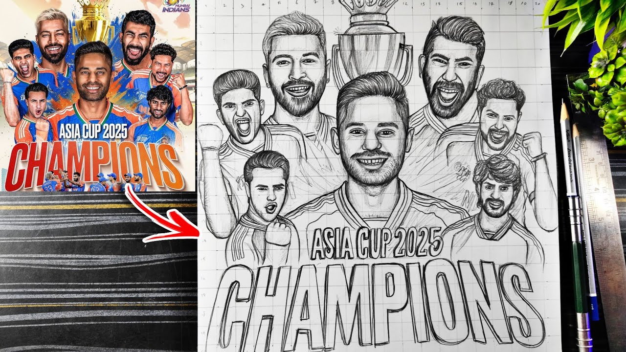 Asia Cup 2025 Champion 🏆 Team india Drawing - Hardik, Gill, Suryakumar, Bumrah, Tilak Verma Drawing