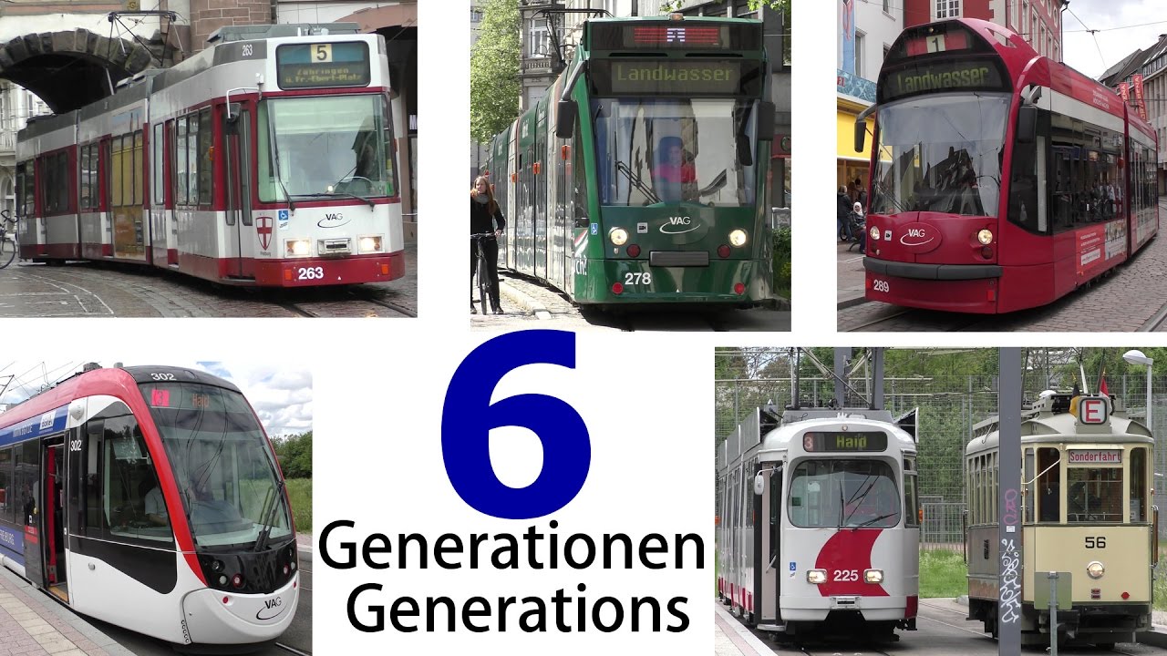 DAY -Freiburg VAG Straßenbahn Stadtbahn Tram 6 Generationen - 6 generations 4K Video