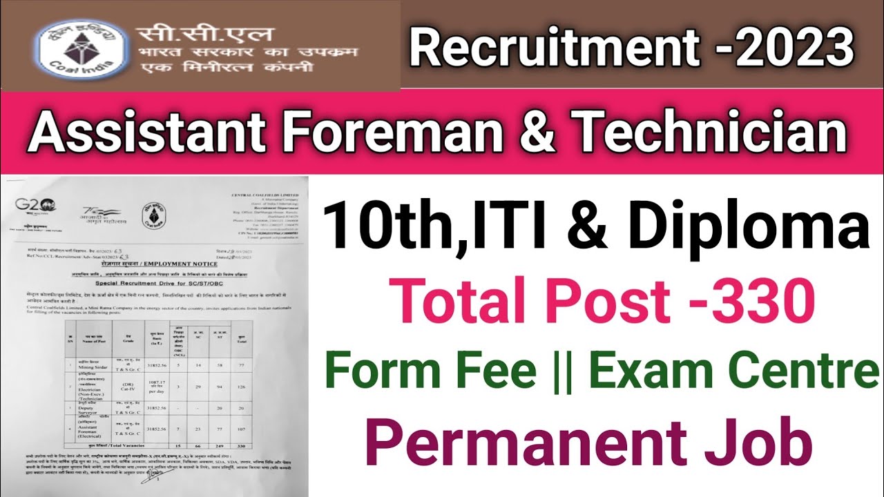 CCL Recruitment 2023||Assistant Foreman & Technician||10th,ITI& Diploma||Total Post -330||Official