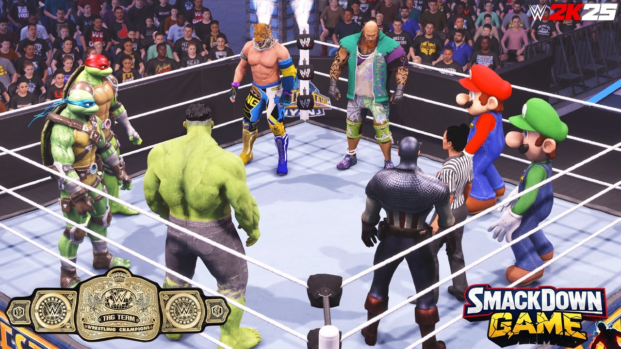 WWE 2k25 Mario & Luigi vs Captain America & Hulk vs TMNT Leonardo & Raphael vs Tekken King & Marduk