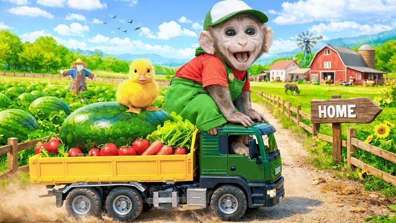 Bin Bon Monkey goes Harvesting watermelons making rainbow jelly & taking care of ducklings and puppy
