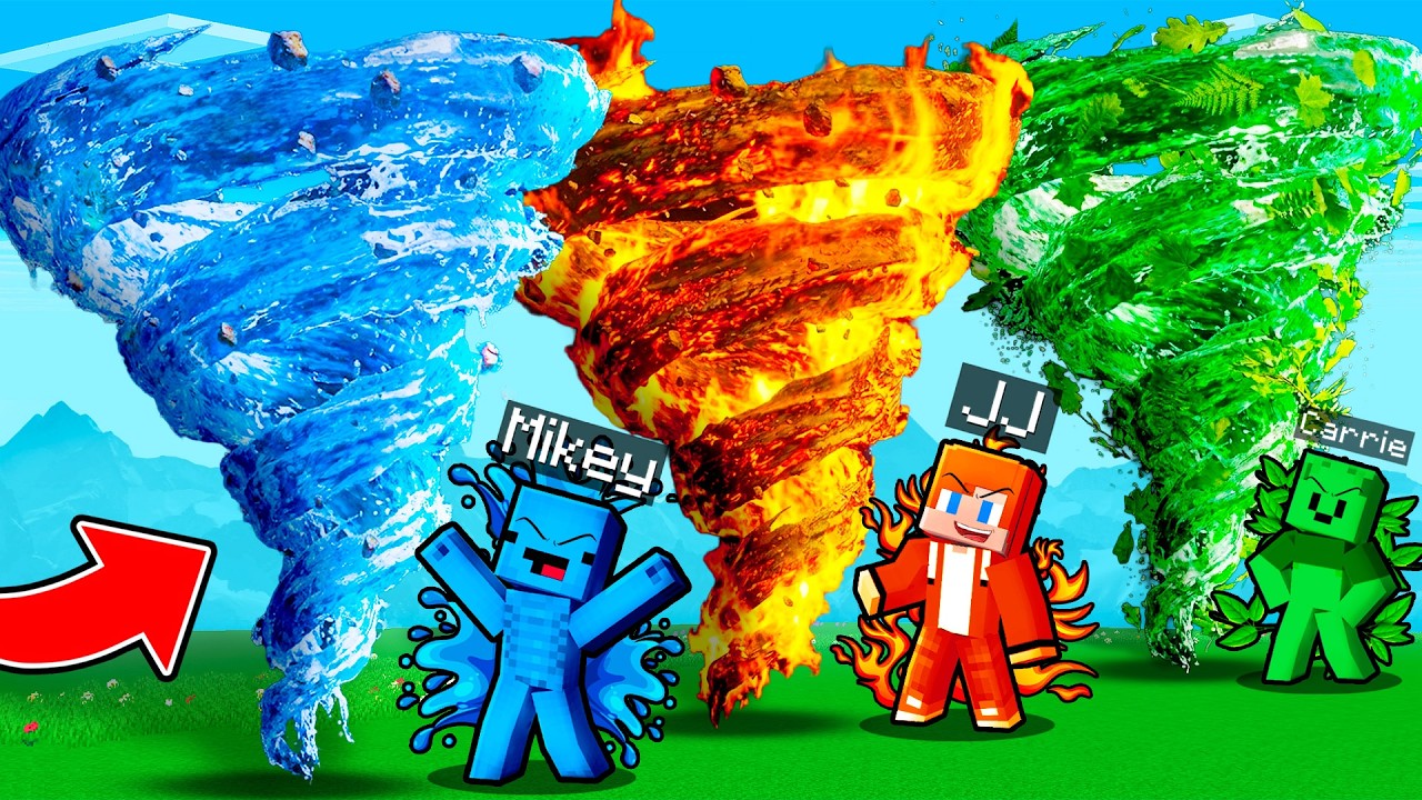 JJ vs Mikey vs Carrie: FIRE vs WATER vs EARTH TORNADO BATTLE In Minecraft - Maizen