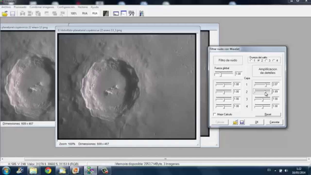 Deconvoluciones y reducción de ruido con FITSWORK en fotografía lunar. Astrocity.es