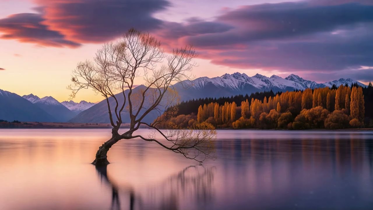 Serene Solitude: A Crooked Tree Amidst Distant Peaks at Sunset