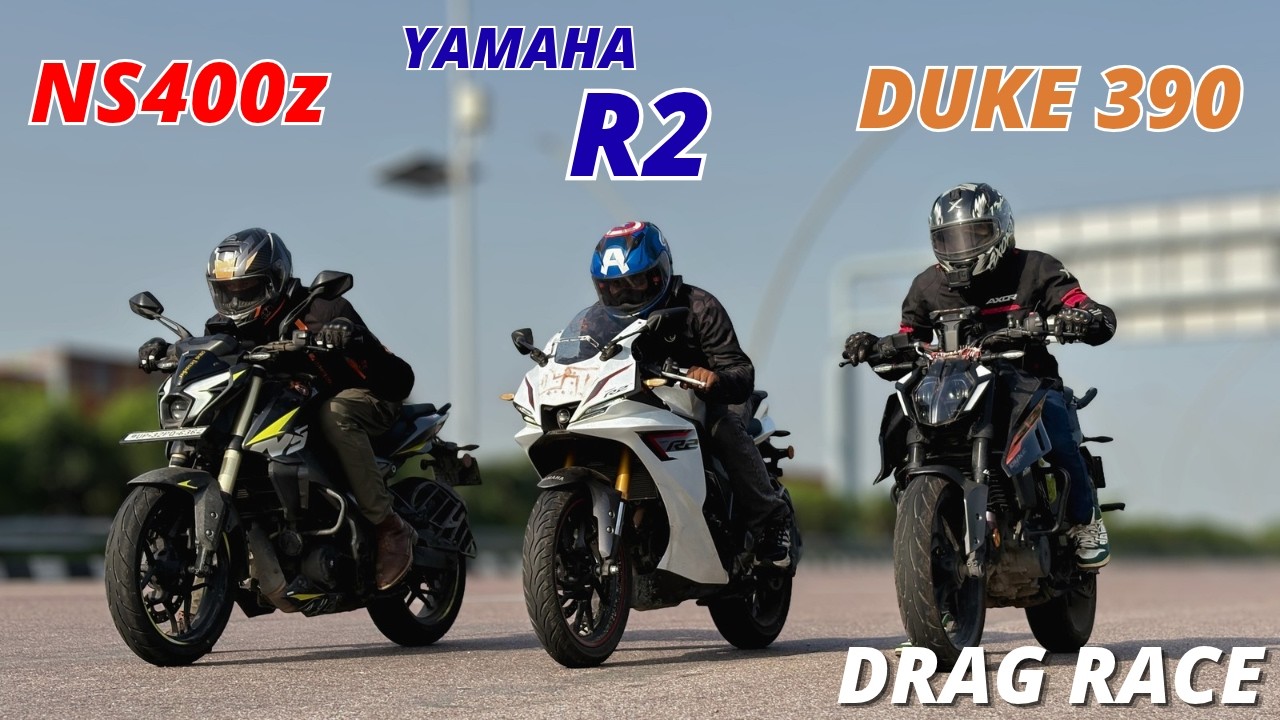 Yamaha R2 vs NS400z vs Duke 390 Drag Race