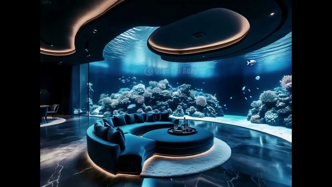Custom-designed large acrylic fish tank for indoor living room staircase
